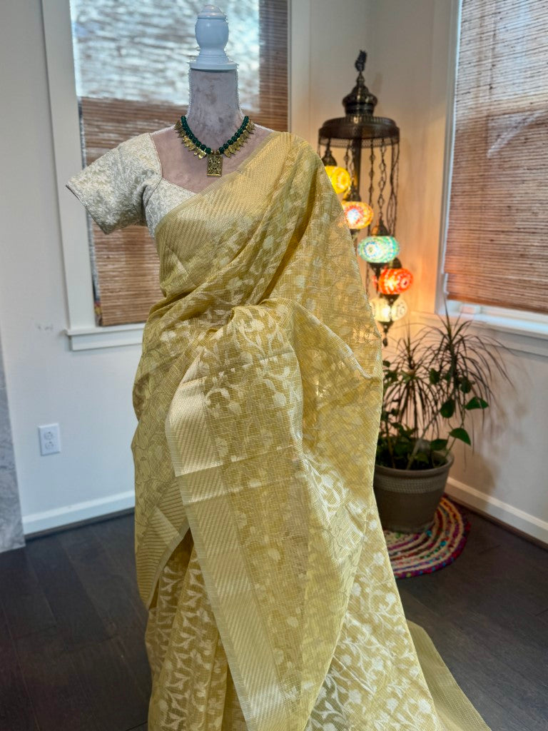 Yellow Kota Tissue Silk Saree w/ Woven Zari Jaal Work