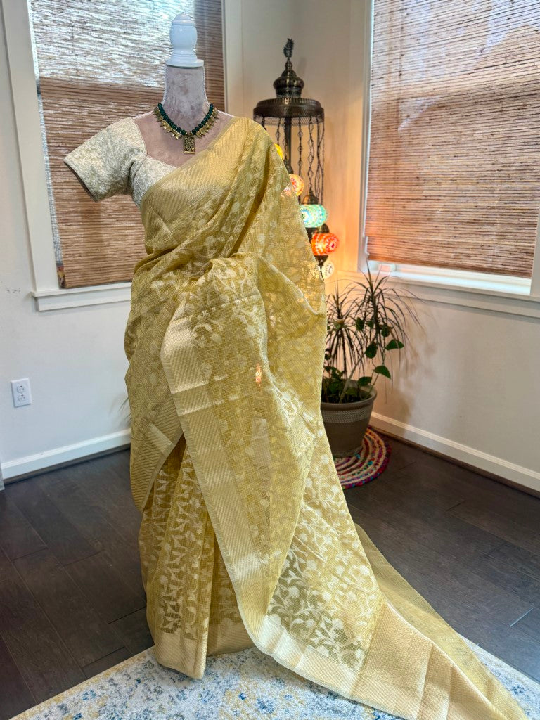 Yellow Kota Tissue Silk Saree w/ Woven Zari Jaal Work