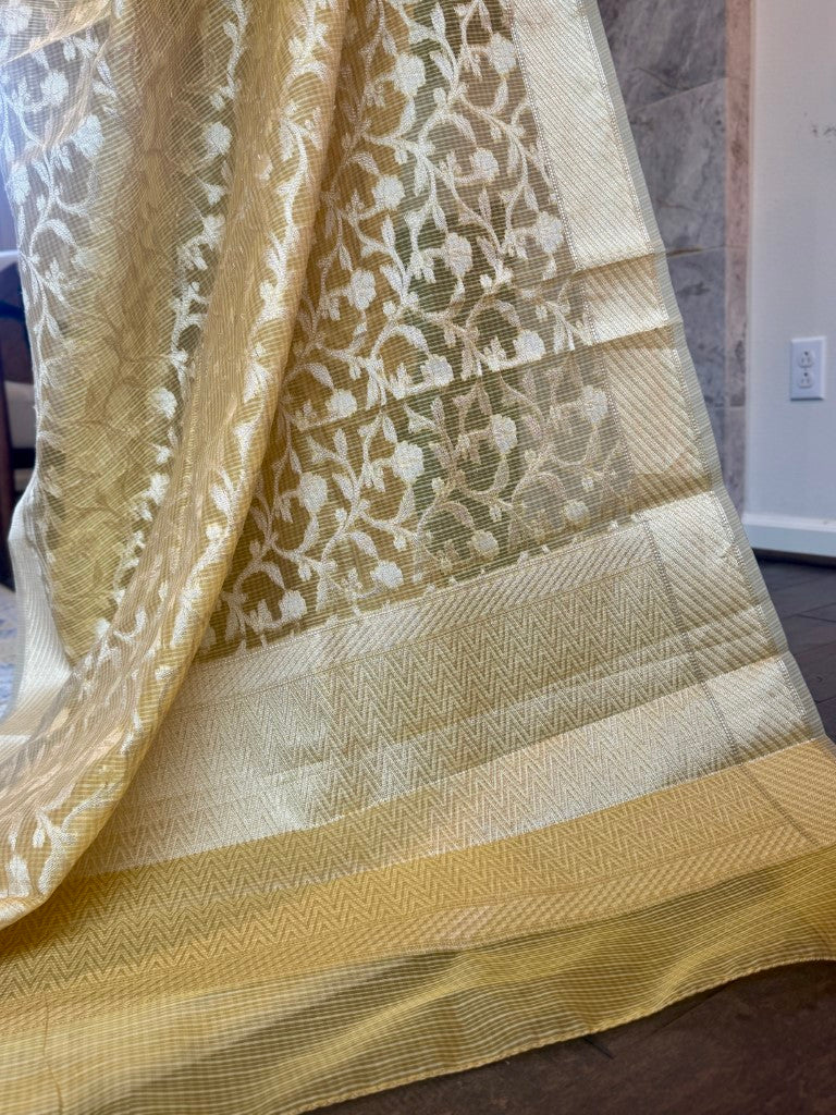 Yellow Kota Tissue Silk Saree w/ Woven Zari Jaal Work