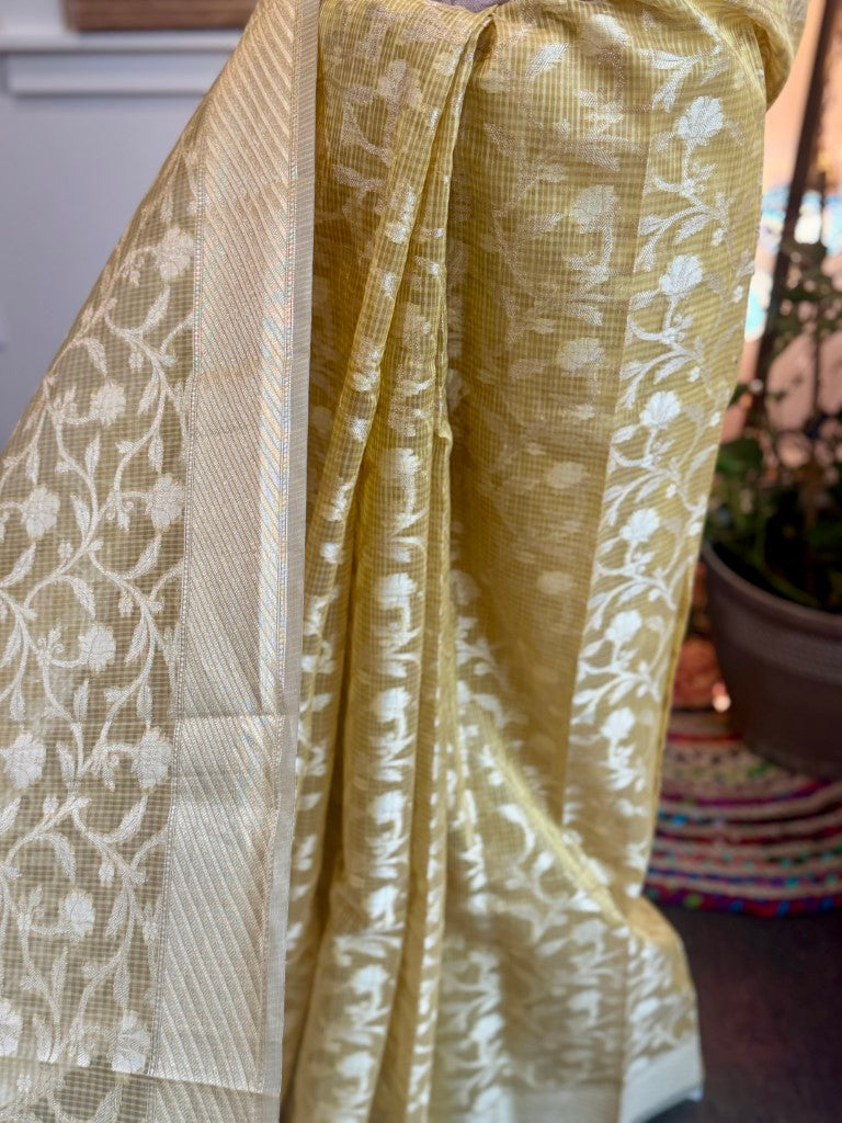 Yellow Kota Tissue Silk Saree w/ Woven Zari Jaal Work