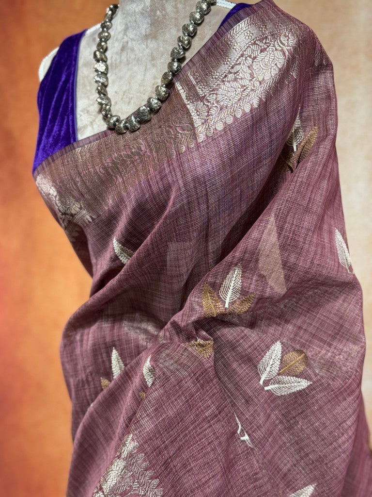 Wine Linen Tissue Saree w/ Embroidery