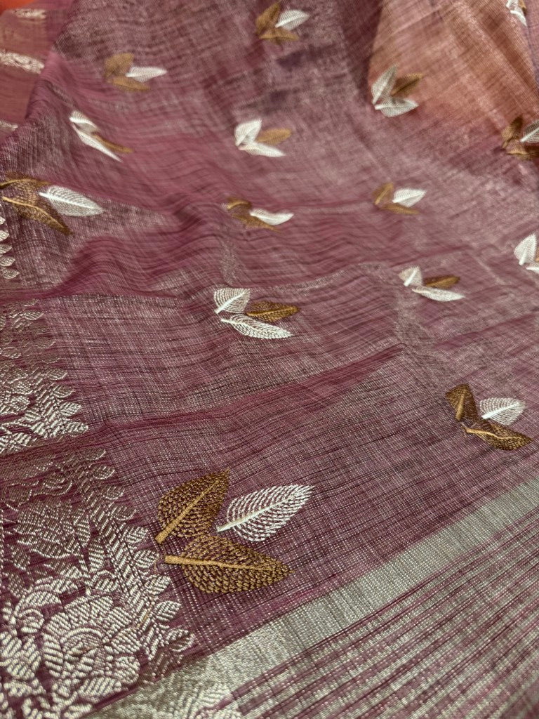 Wine Linen Tissue Saree w/ Embroidery
