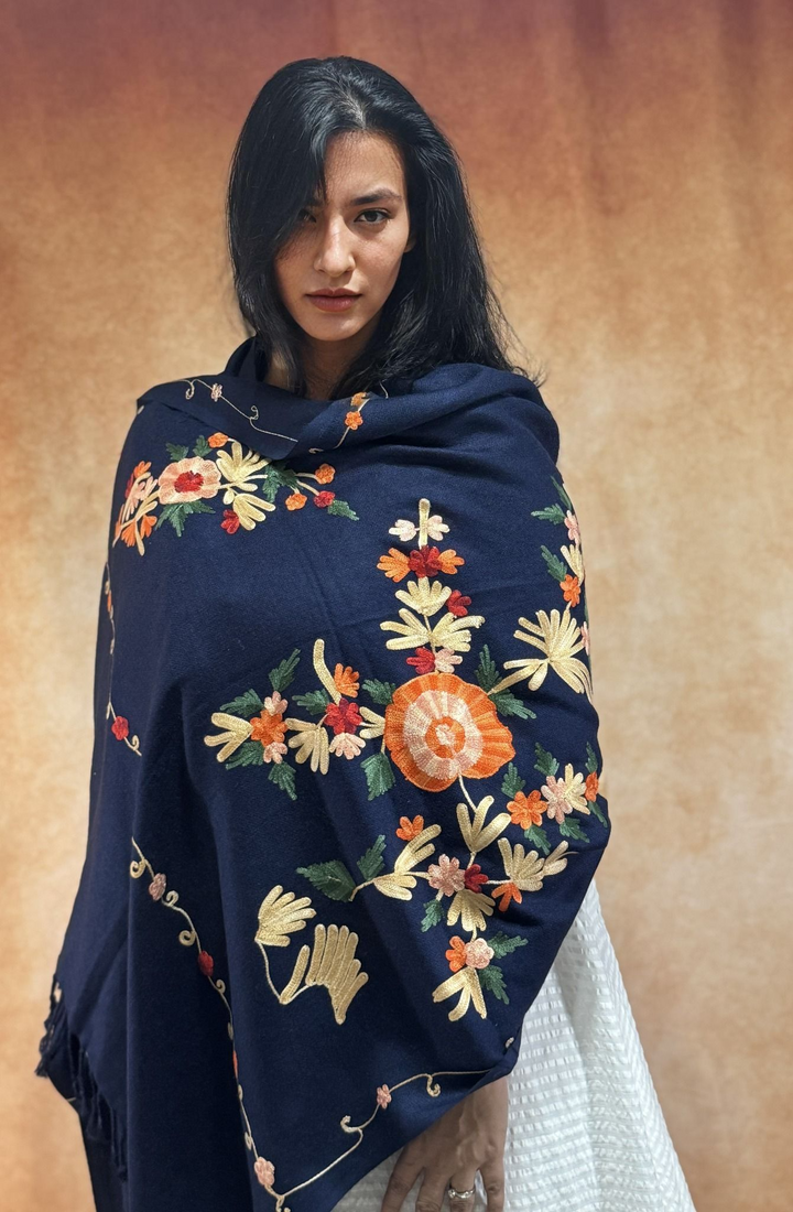 Navy Kashmiri Aari Embroidered Wool Stole