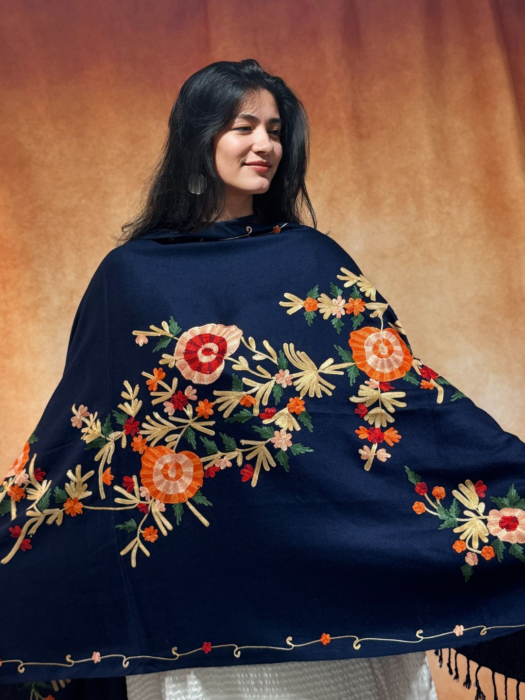 Navy Kashmiri Aari Embroidered Wool Stole