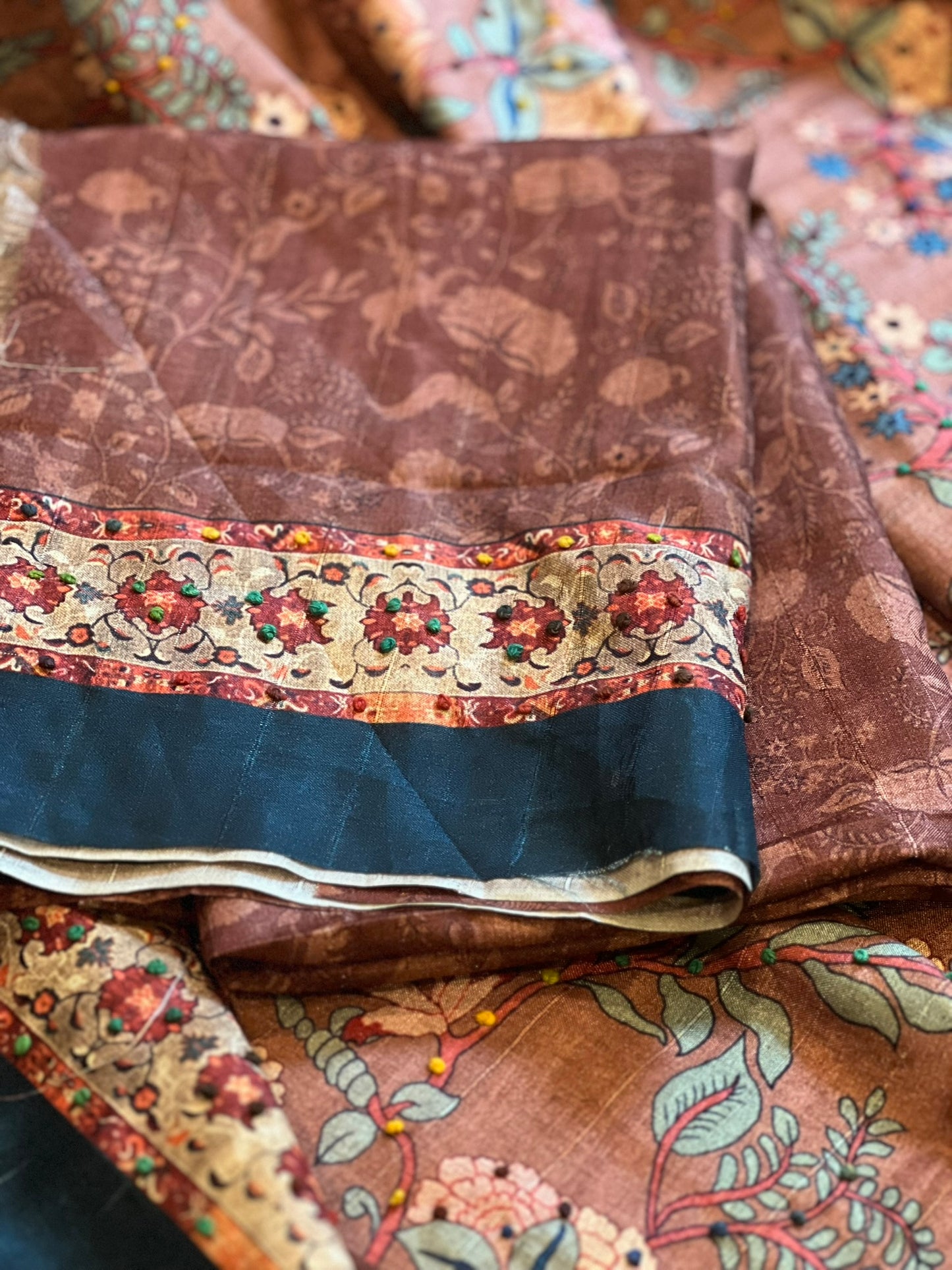 Rust Digital Print Kalamkari Saree with French Knot embroidery