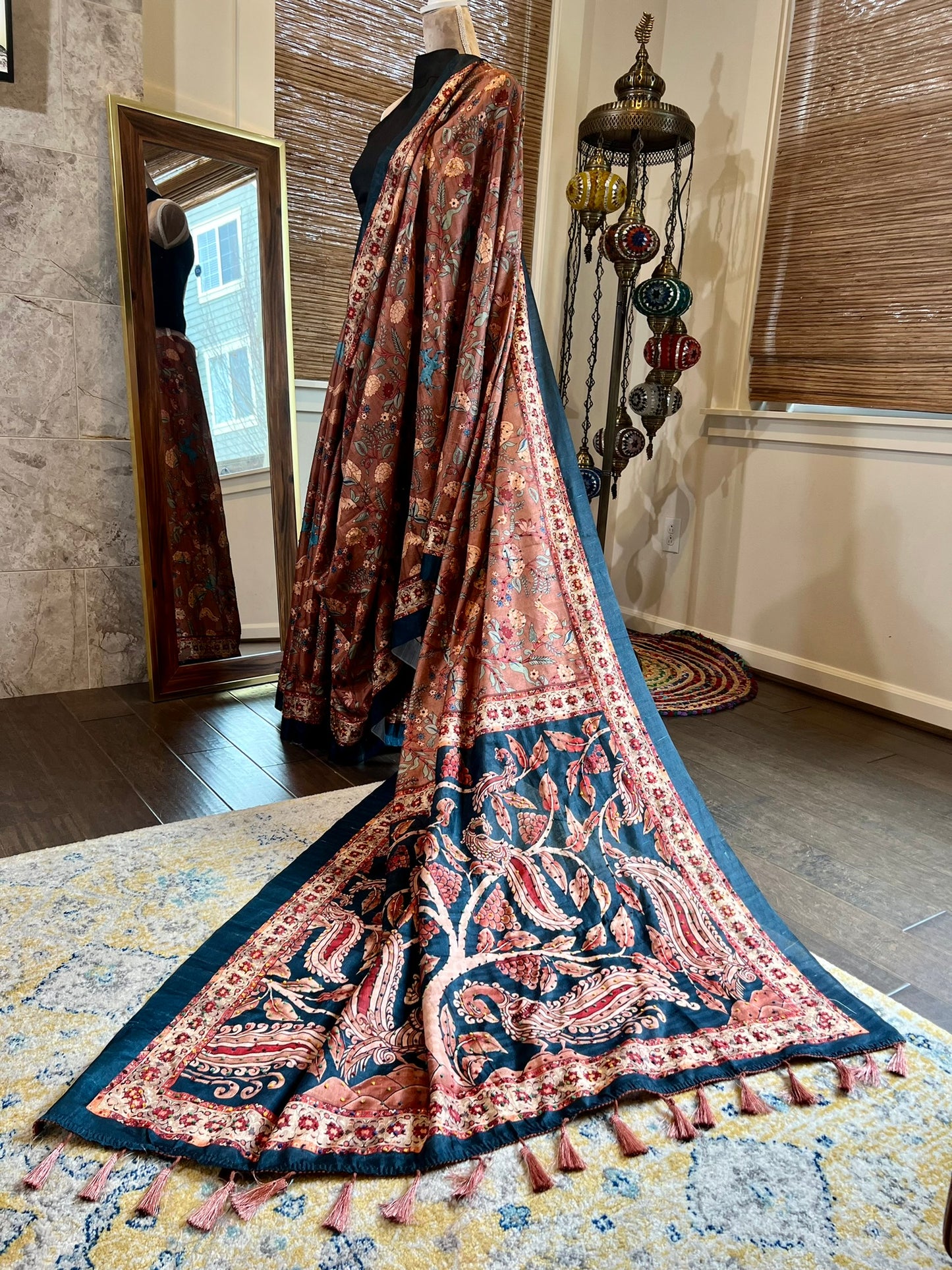 Rust Digital Print Kalamkari Saree with French Knot embroidery