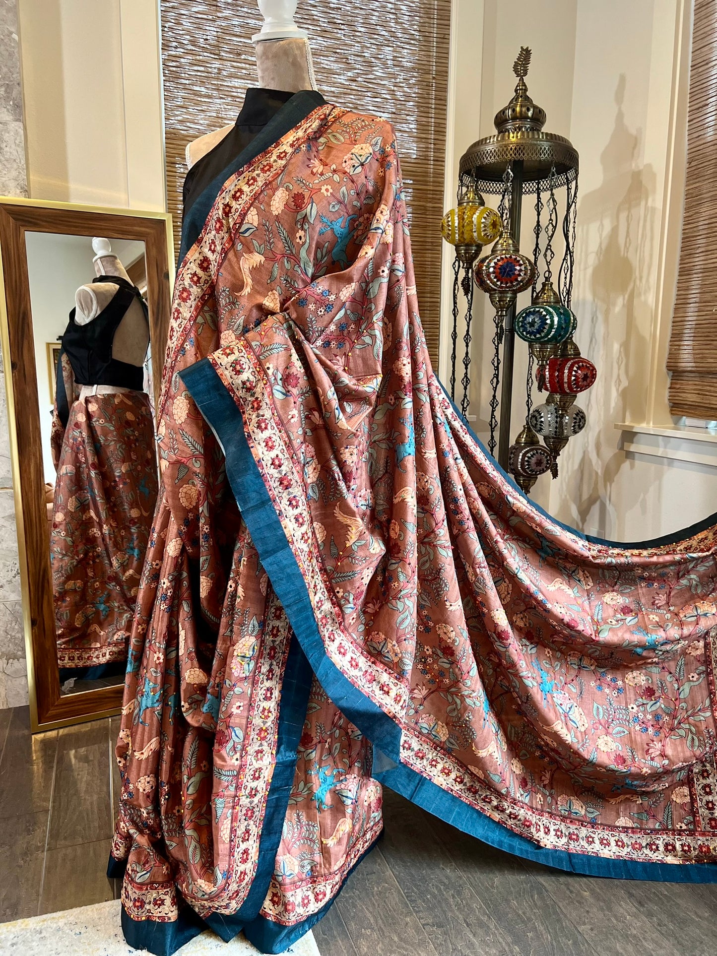 Rust Digital Print Kalamkari Saree with French Knot embroidery