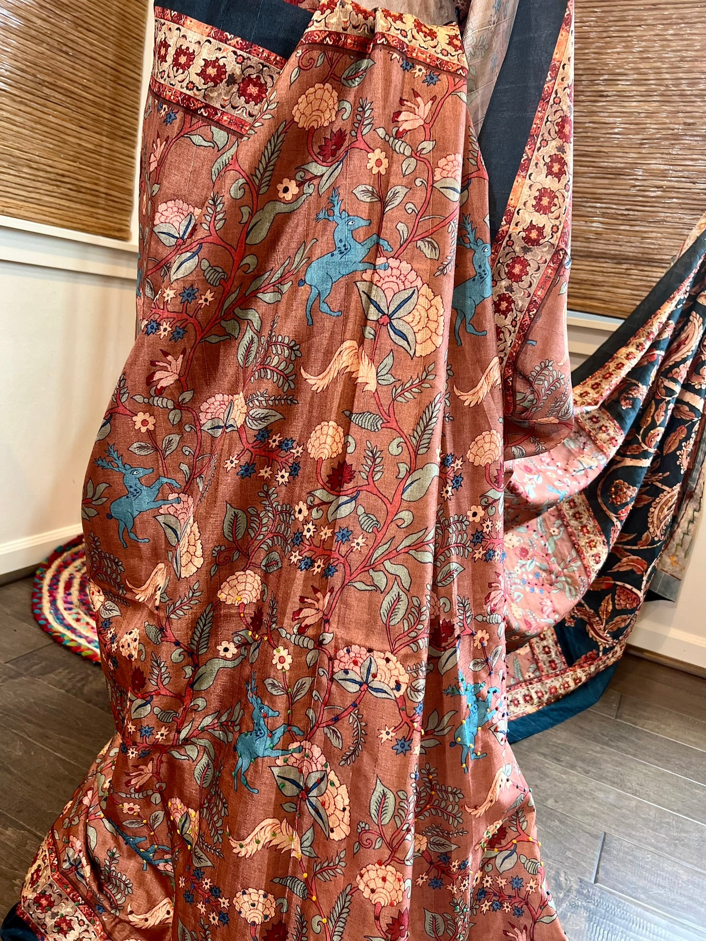 Rust Digital Print Kalamkari Saree with French Knot embroidery