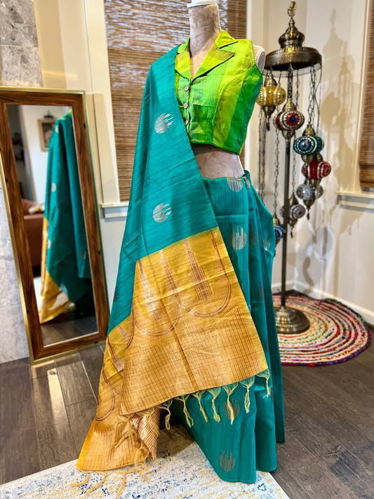 Blue Green Dual Tone Ghicha Tussar Silk Saree