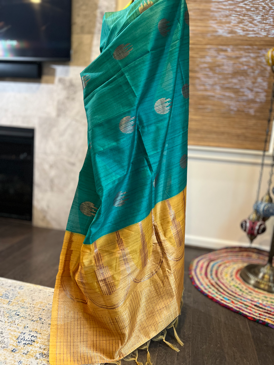 Blue Green Dual Tone Ghicha Tussar Silk Saree