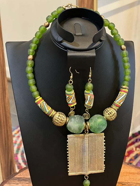 Bright Green Handcrafted African Glass Beads Choker Necklace Set