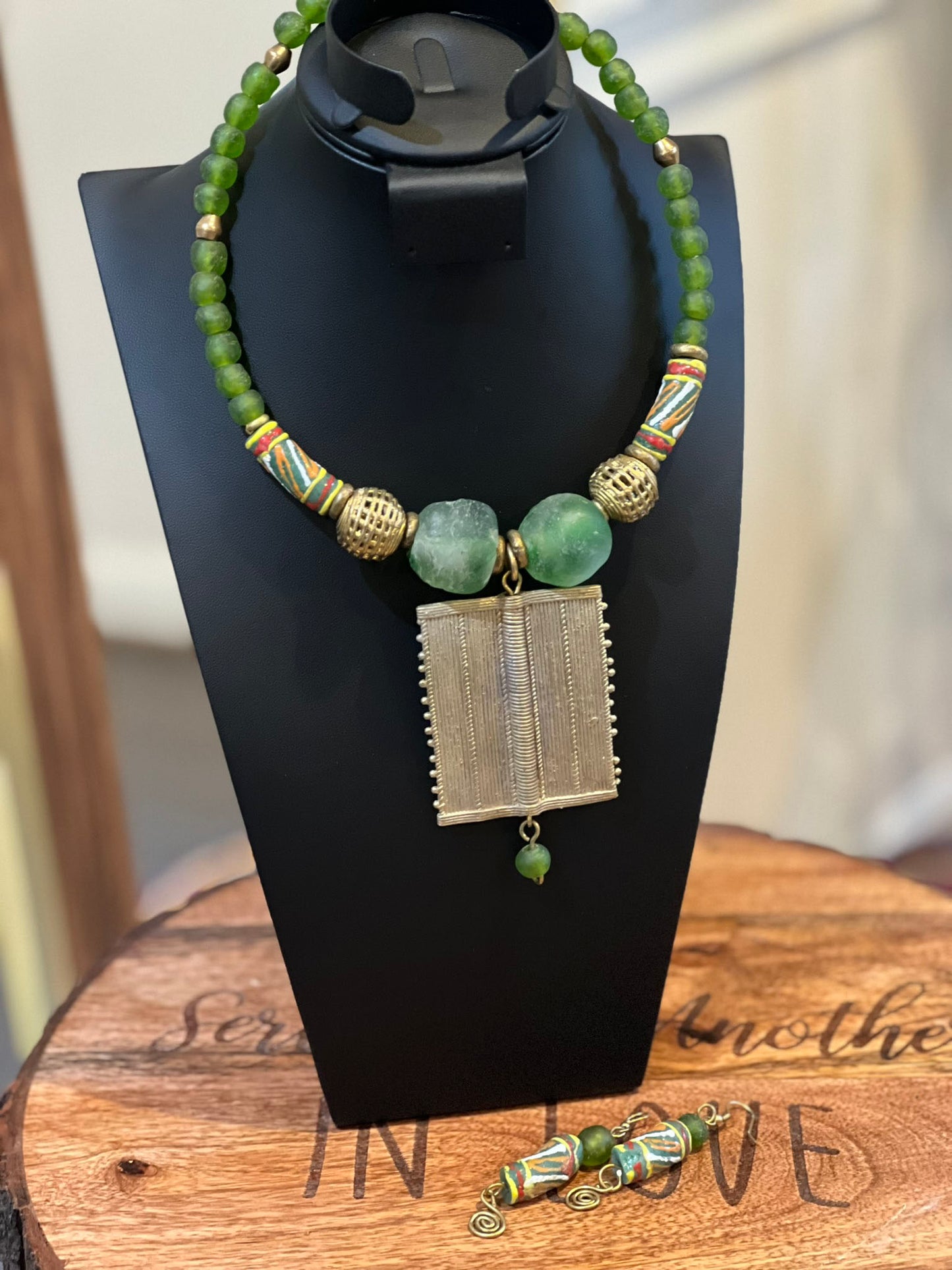 Bright Green Handcrafted African Glass Beads Choker Necklace Set