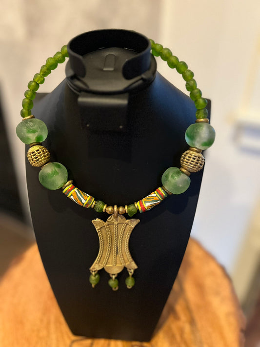 Green Handcrafted African Glass Beads Choker Necklace Set