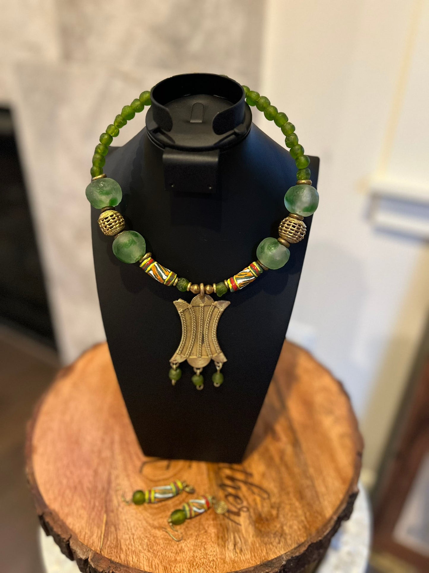 Green Handcrafted African Glass Beads Choker Necklace Set