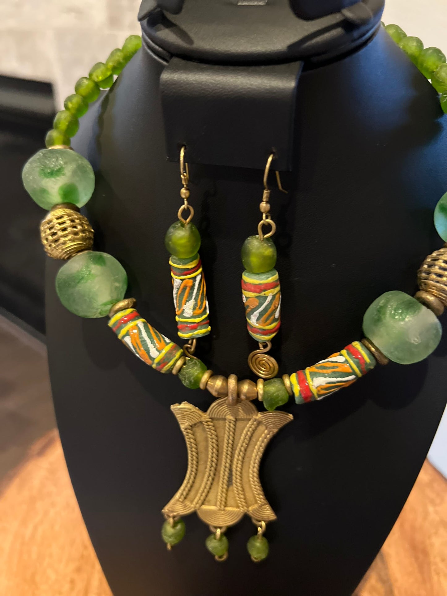 Green Handcrafted African Glass Beads Choker Necklace Set