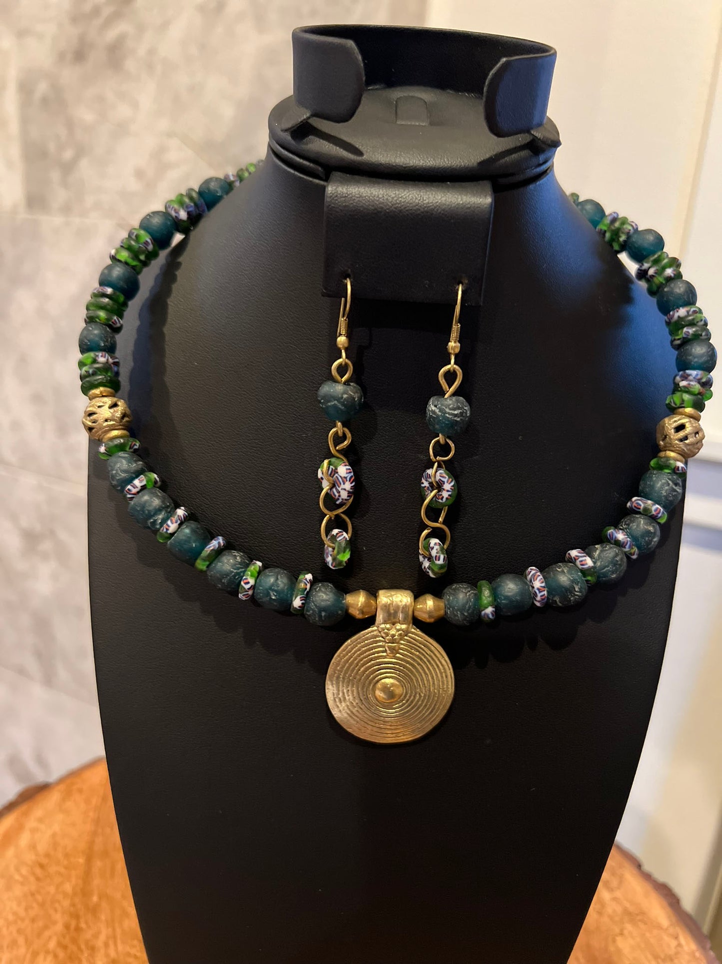 Dark Green Handcrafted African Glass Beads Choker Necklace Set