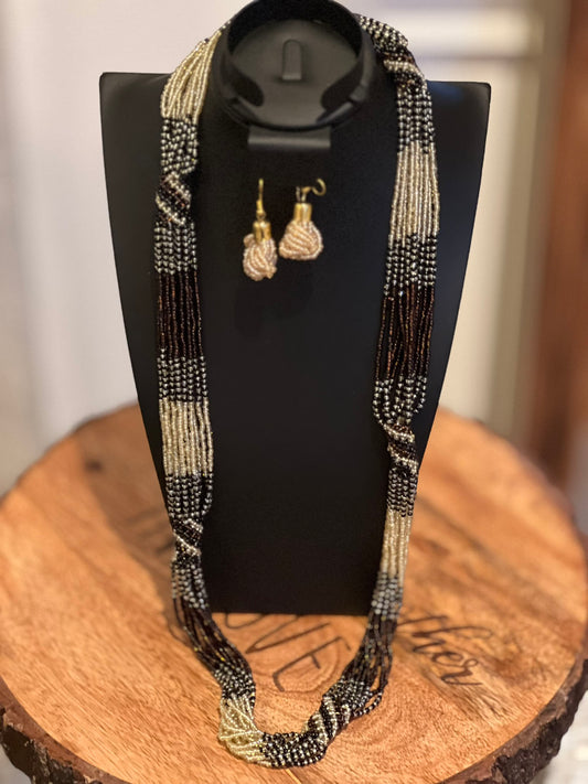 Black Brown Gold Handcrafted African Small Glass Beads Long Necklace Set