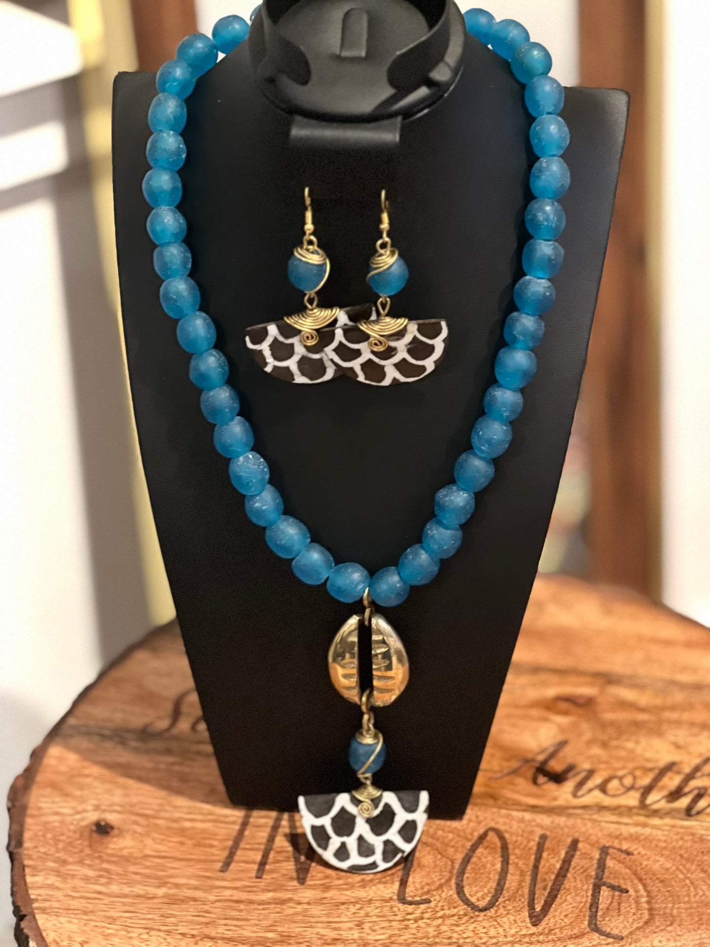 Blue with Cheeta Stone Beads Handcrafted African Bone Beads Long Necklace Set