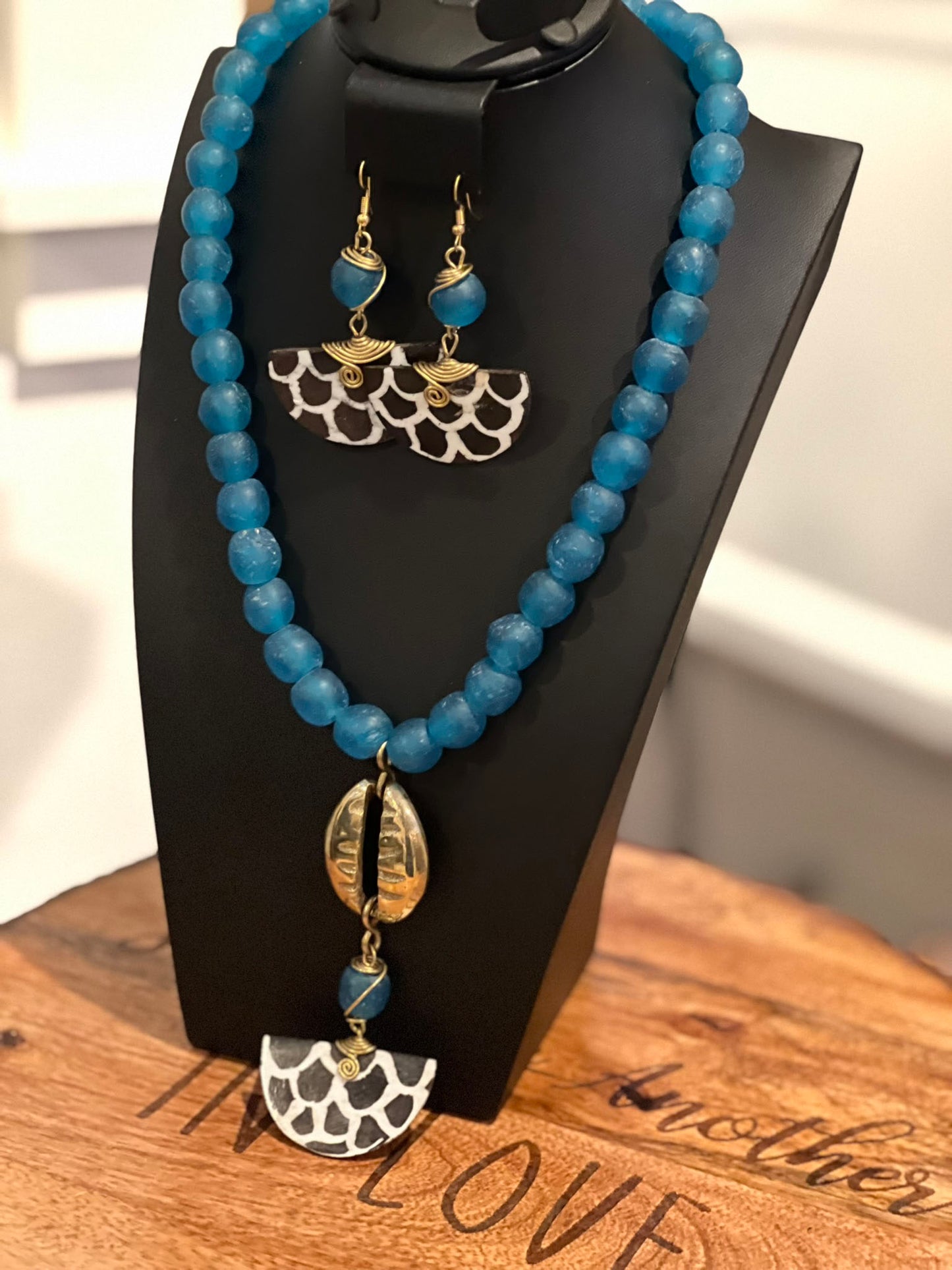 Blue with Cheeta Stone Beads Handcrafted African Bone Beads Long Necklace Set