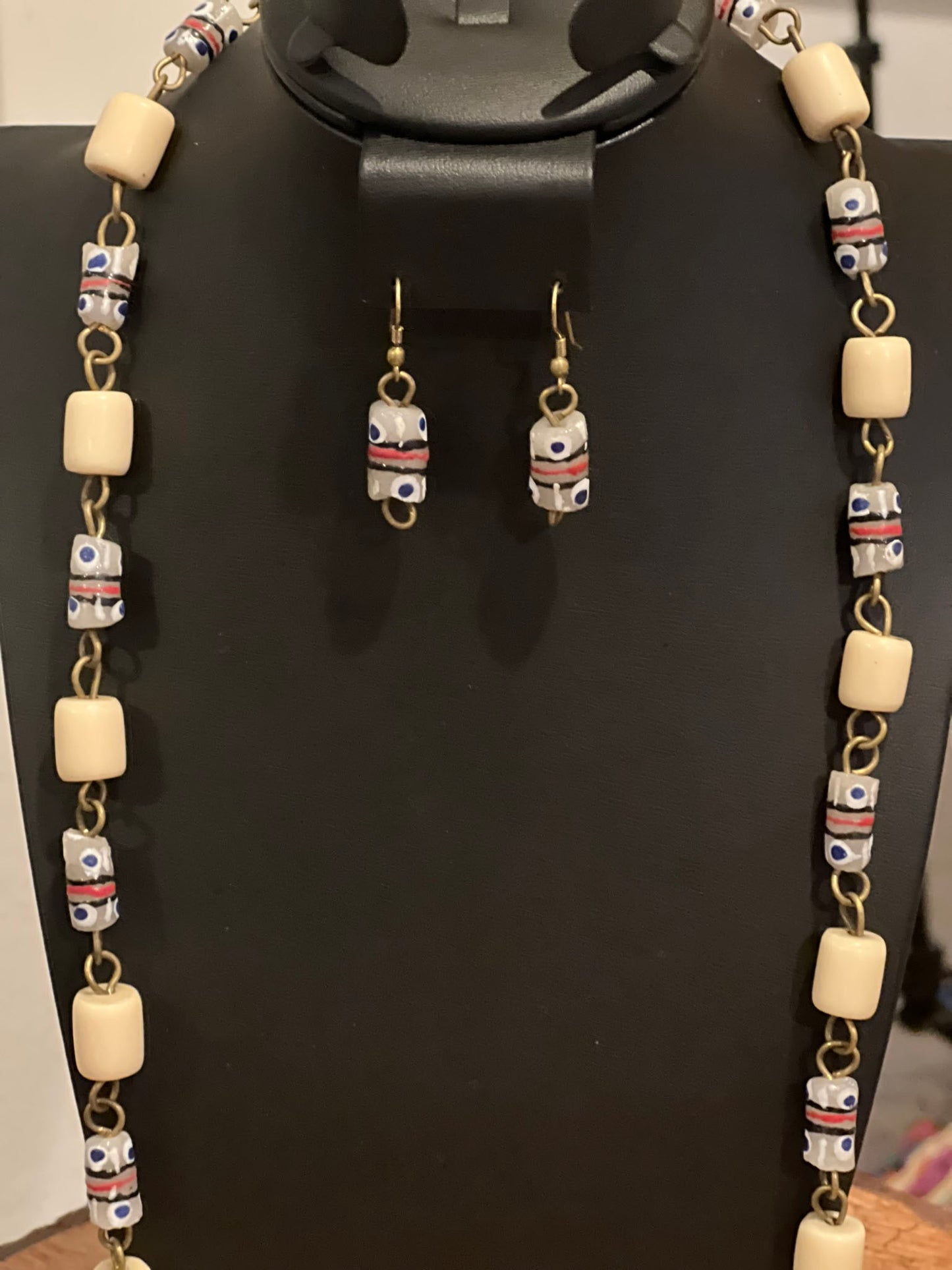 Ivory Handcrafted African Bone Beads Long Necklace Set