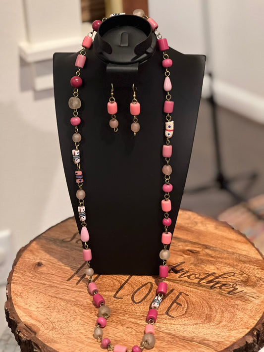 Pink Handcrafted African Bone Beads Long Necklace Set