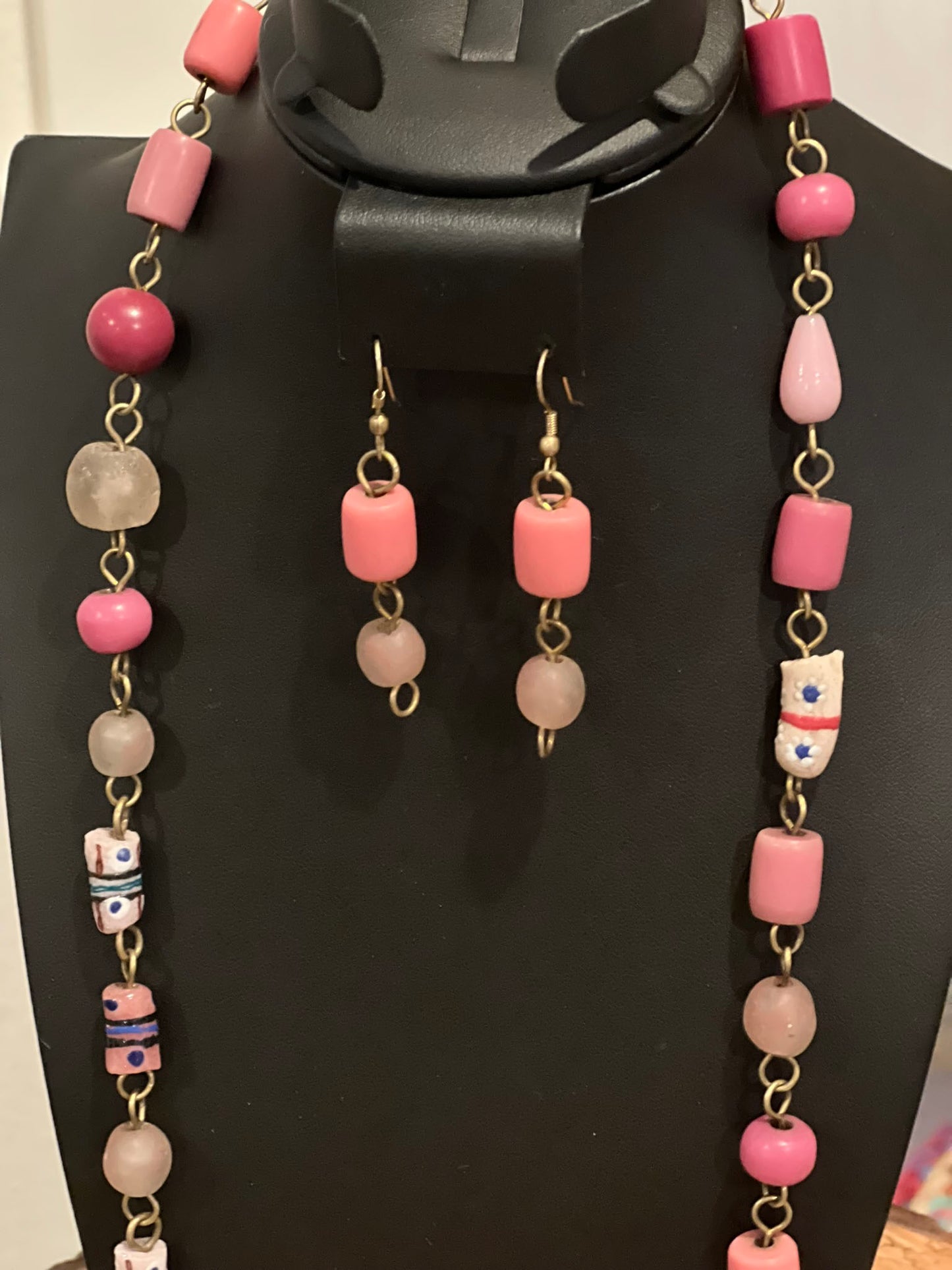 Pink Handcrafted African Bone Beads Long Necklace Set