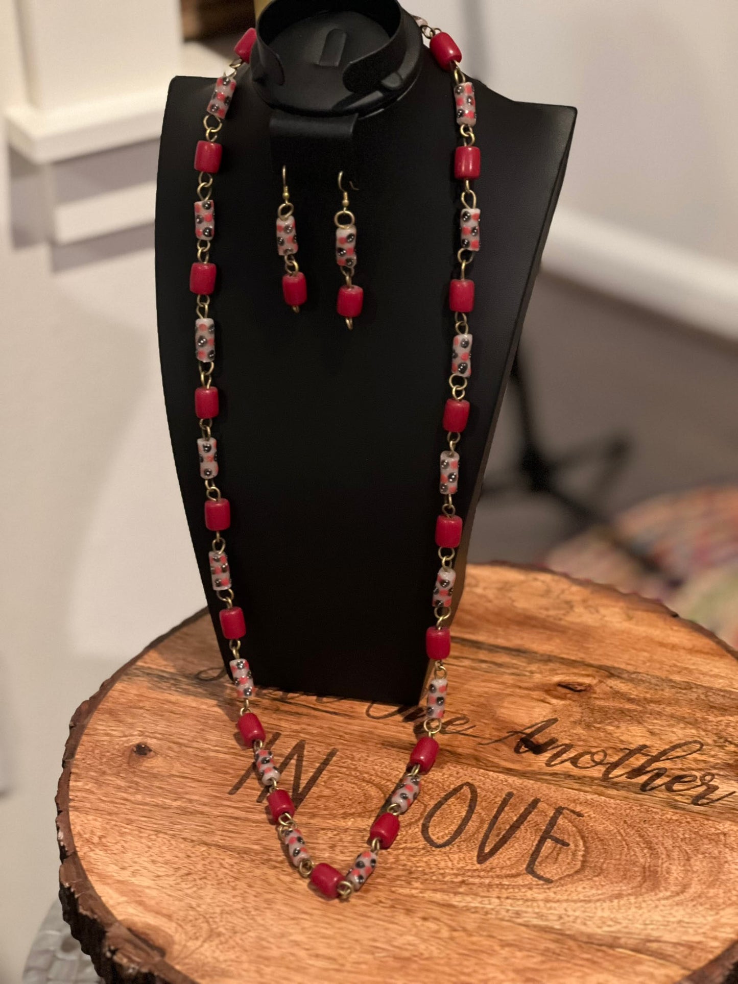 Red Handcrafted African Beads Long Necklace Set