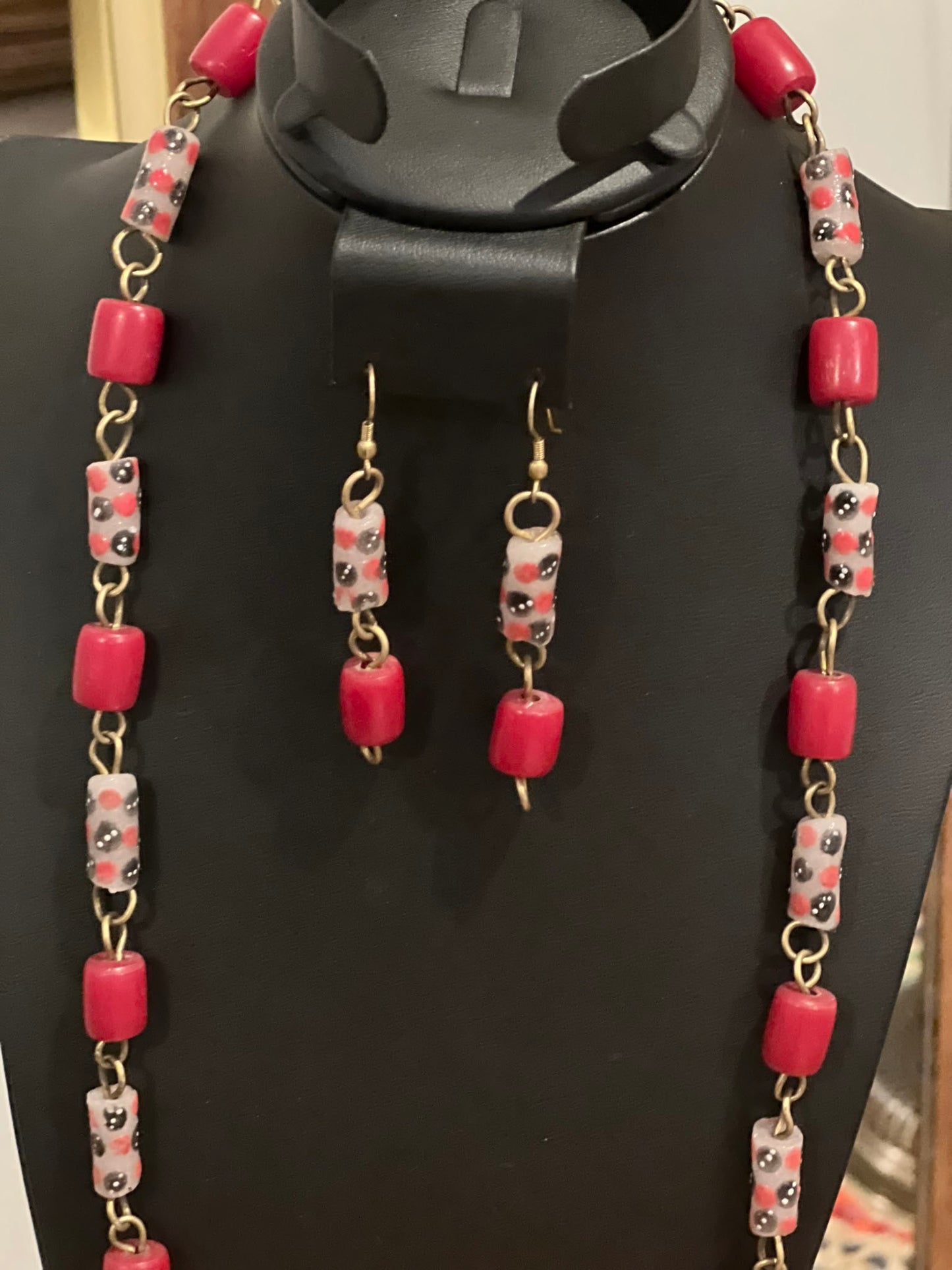 Red Handcrafted African Beads Long Necklace Set