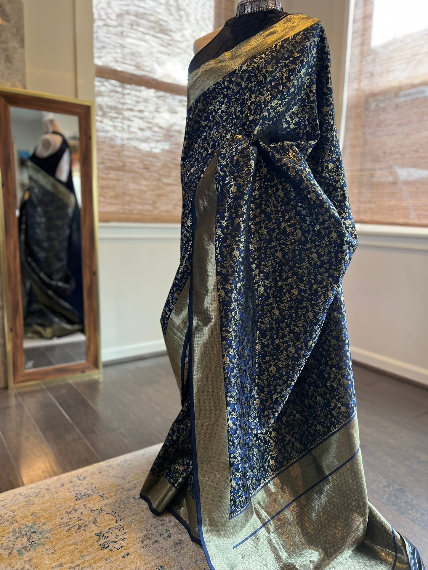 Navy Gold Silver Silk Saree