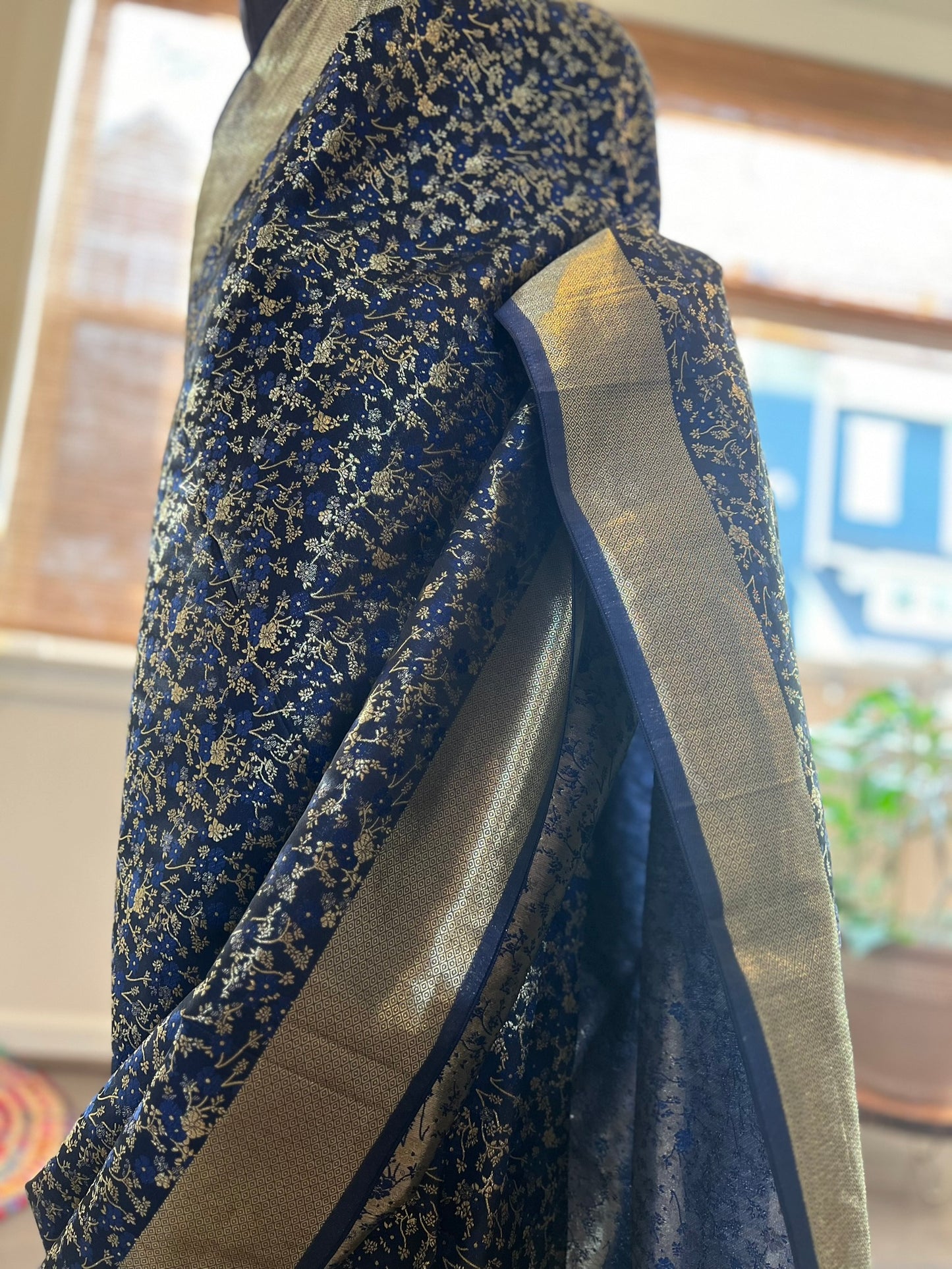 Navy Gold Silver Silk Saree