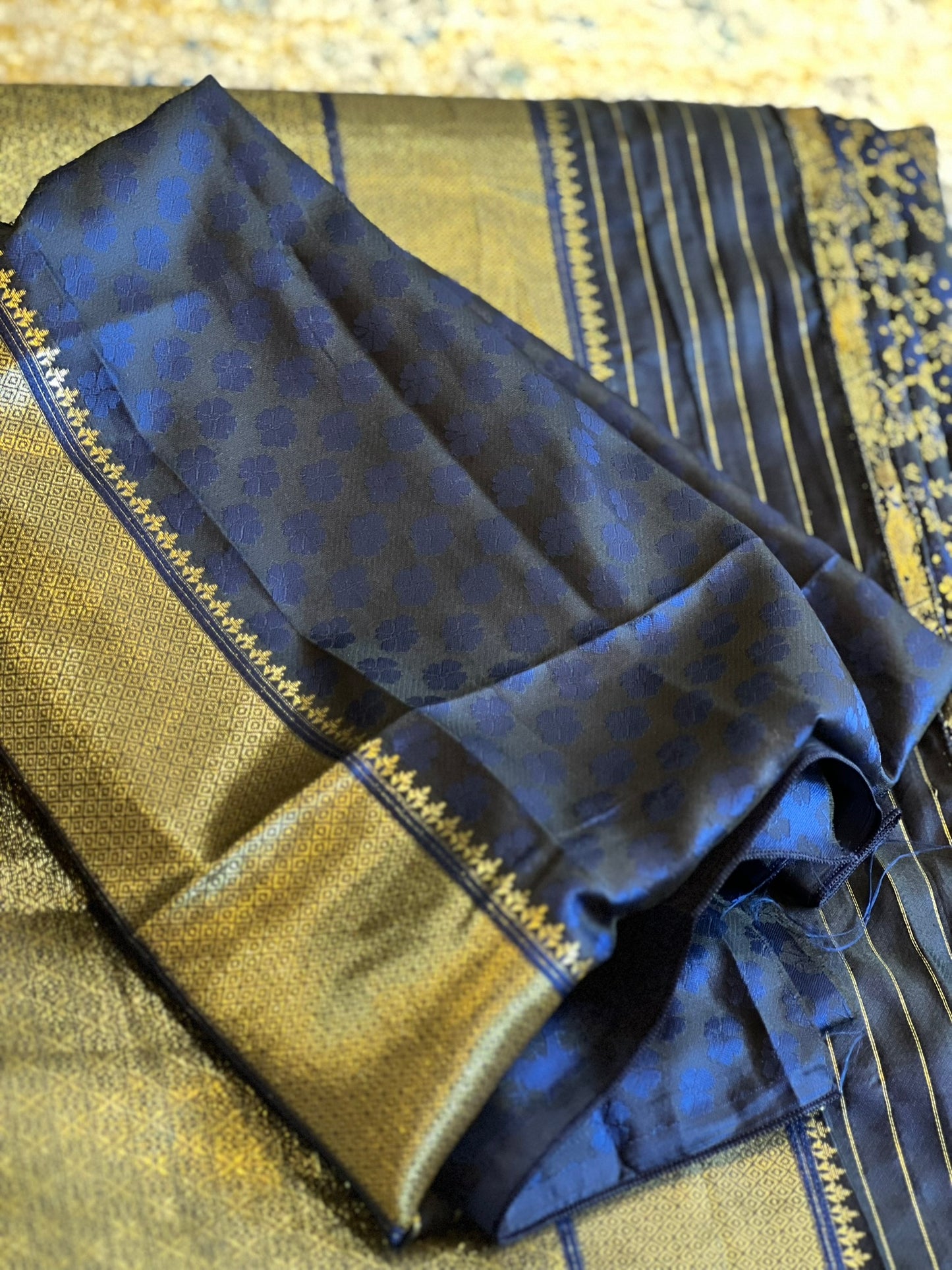 Navy Gold Silver Silk Saree