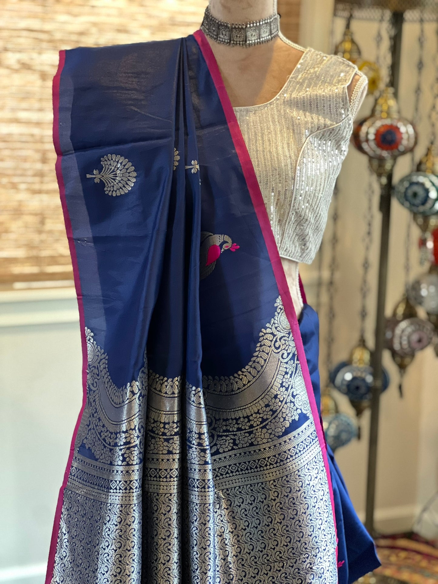 Navy Silver Blended Silk Saree