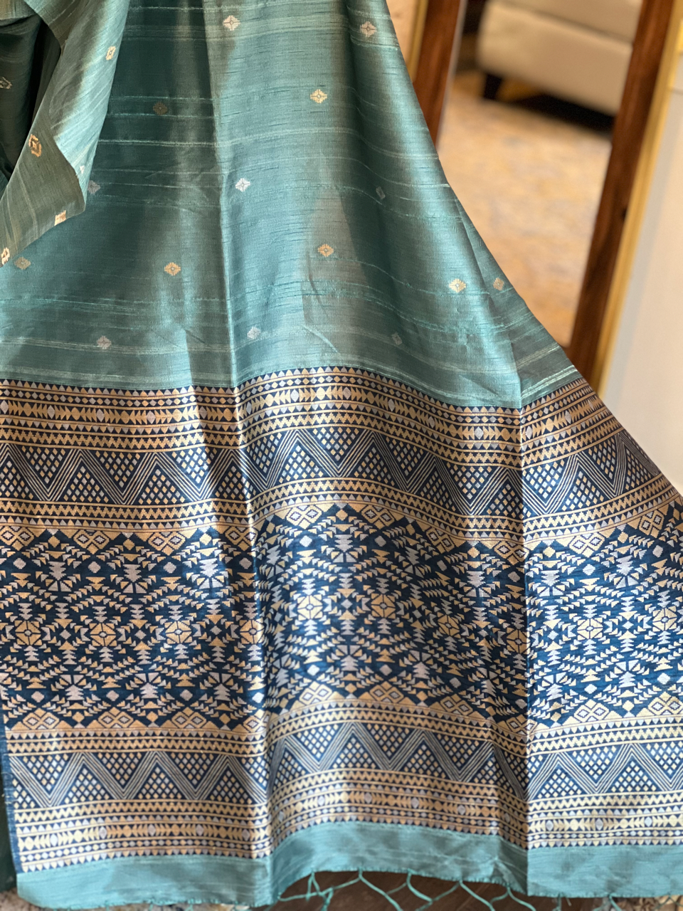 Green Blue Dual Tone Ghicha Tussar Silk Saree