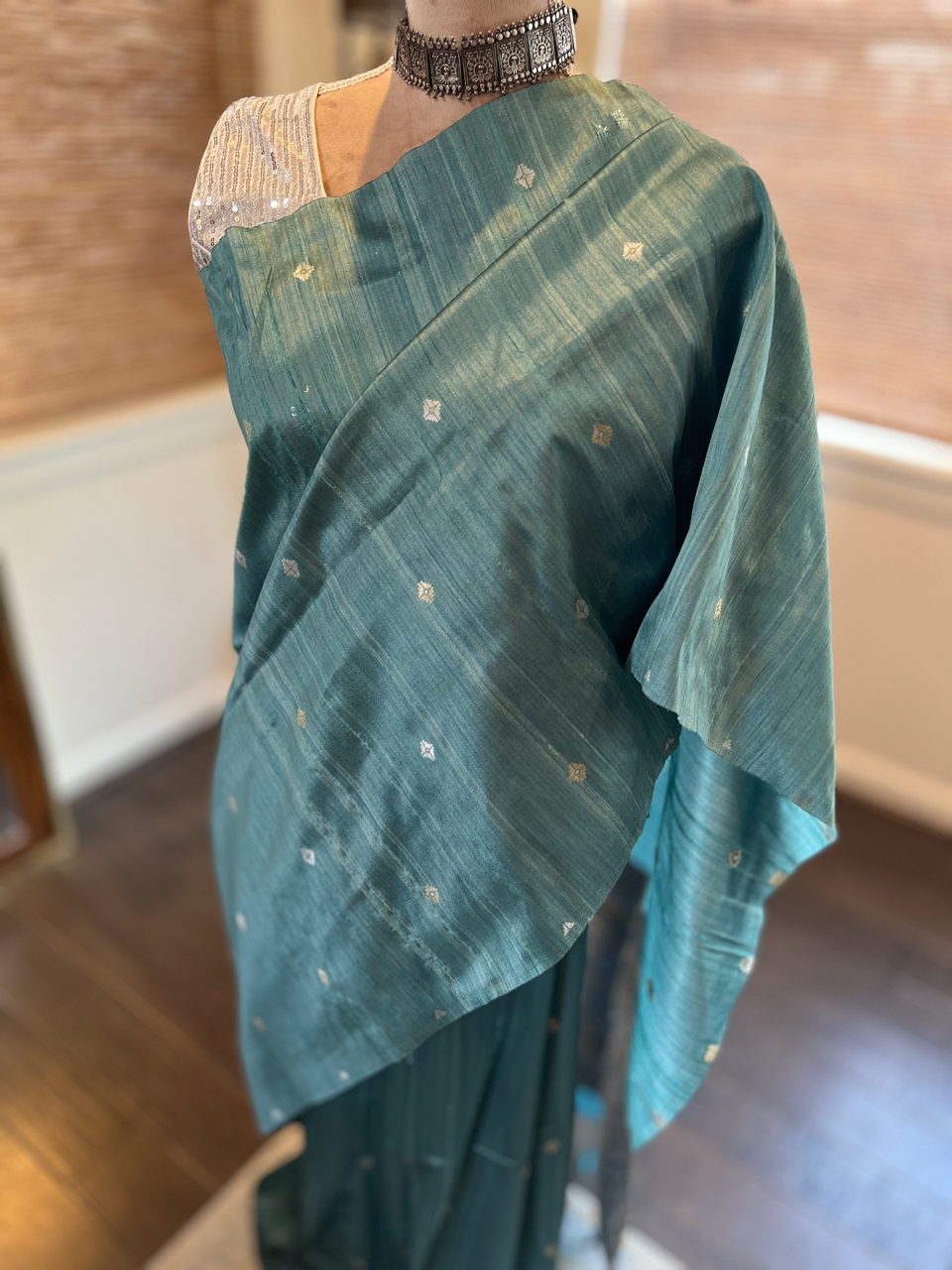 Green Blue Dual Tone Ghicha Tussar Silk Saree