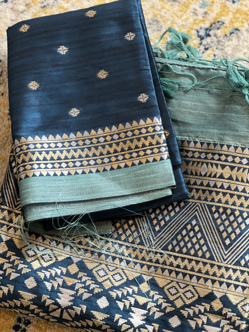 Green Blue Dual Tone Ghicha Tussar Silk Saree