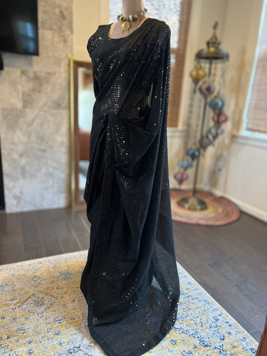 Black Sequins Georgette Saree