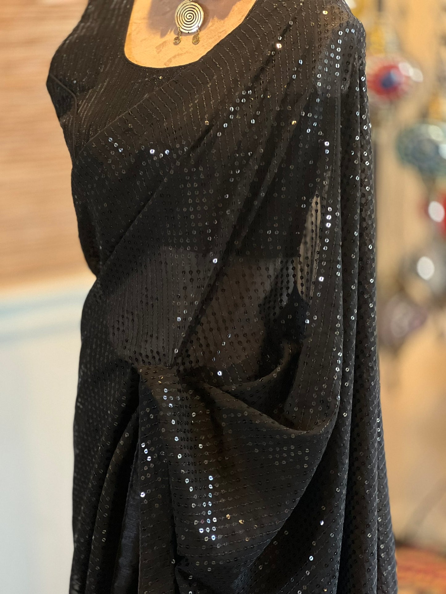 Black Sequins Georgette Saree