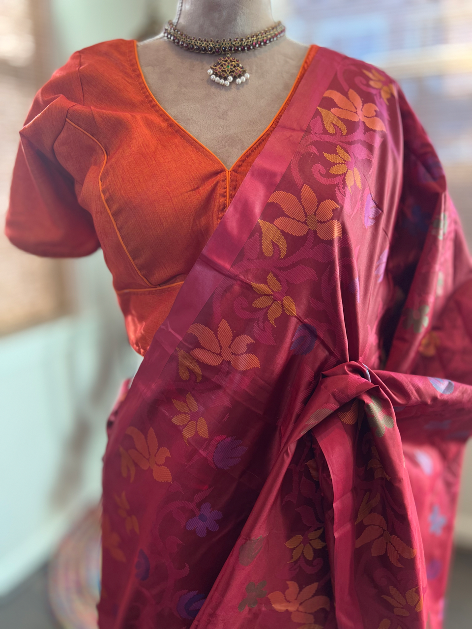 Red Bangalore Silk Saree (Without blouse piece)