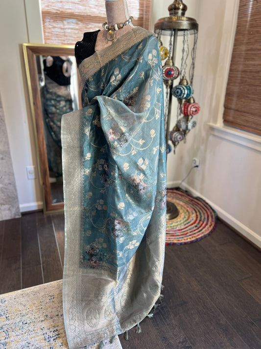 Green Grey Floral Organza Tissue Saree