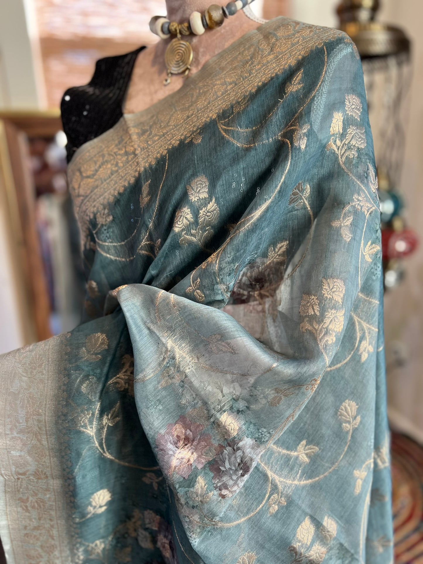 Green Grey Floral Organza Tissue Saree