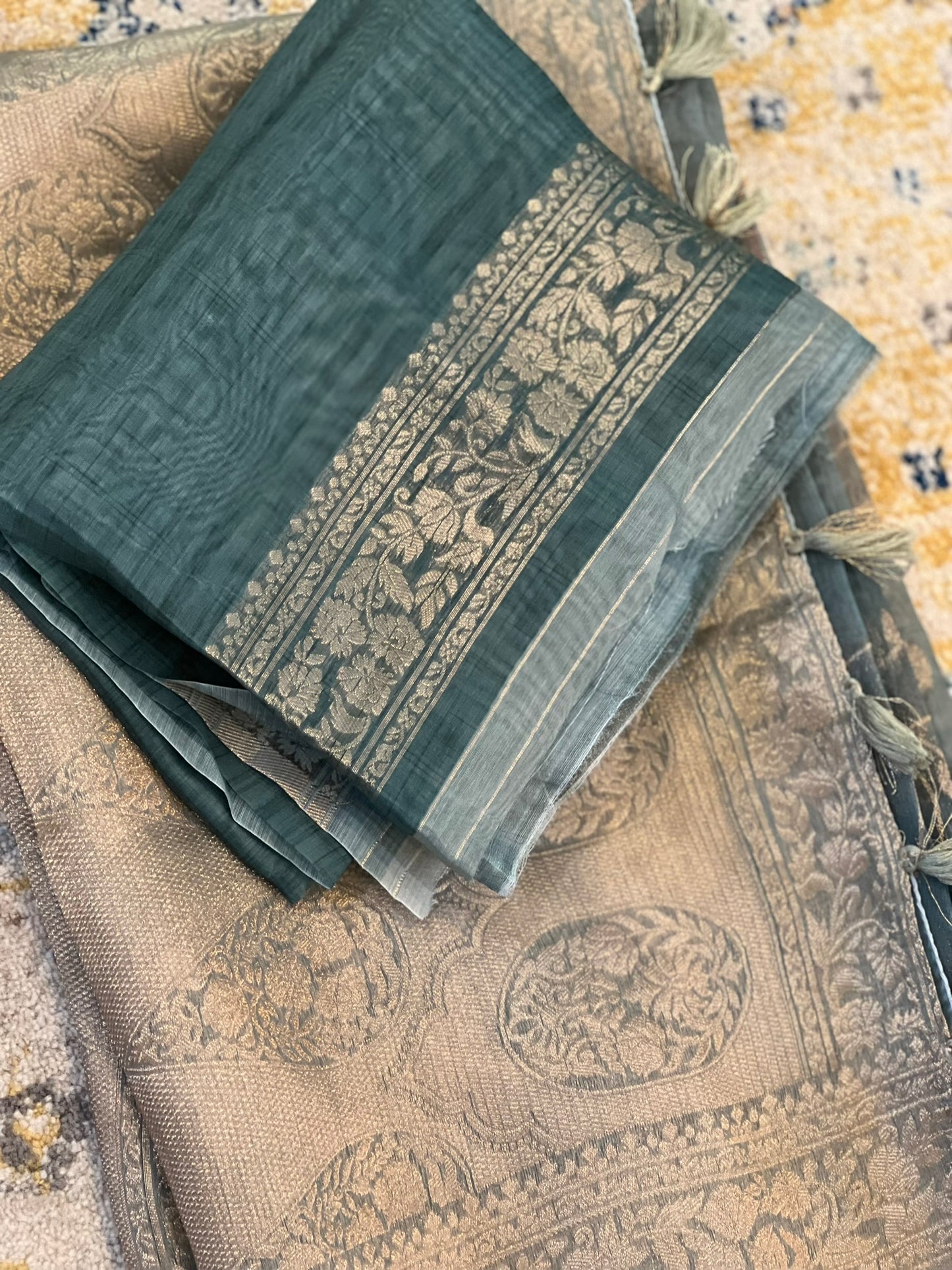 Green Grey Floral Organza Tissue Saree