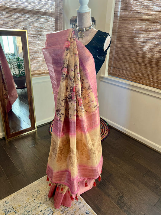 Pink Yellow Floral Organza Tissue Saree