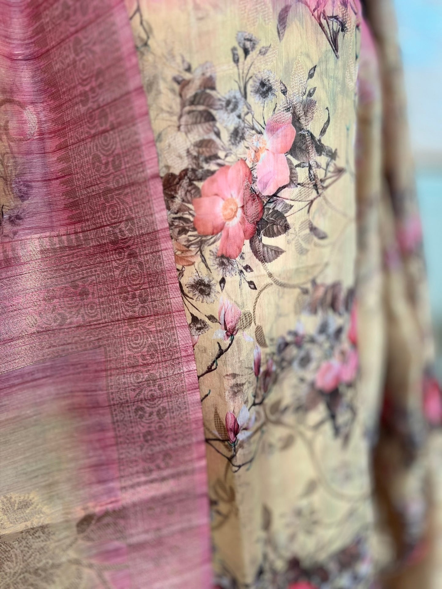 Pink Yellow Floral Organza Tissue Saree