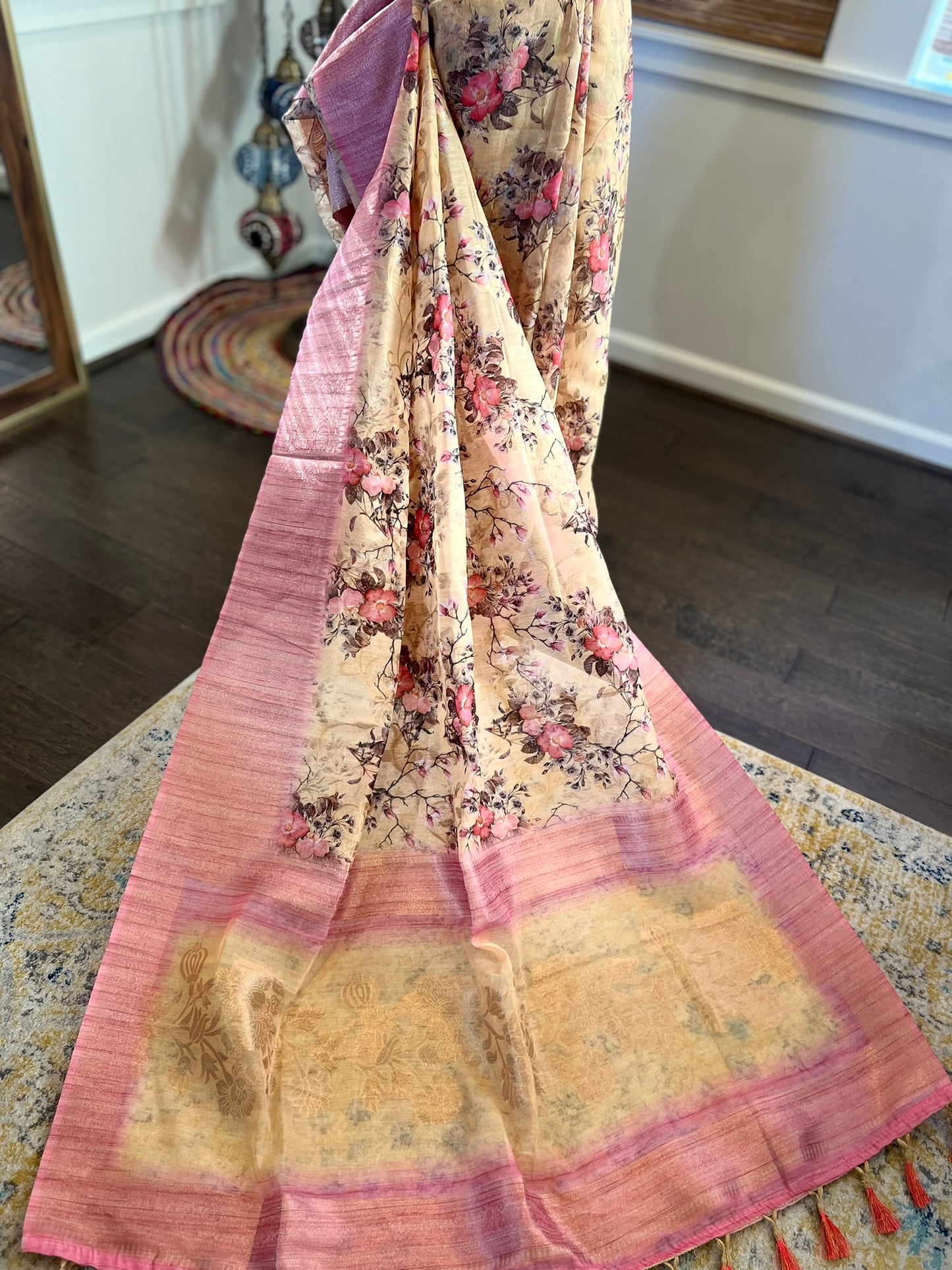 Pink Yellow Floral Organza Tissue Saree