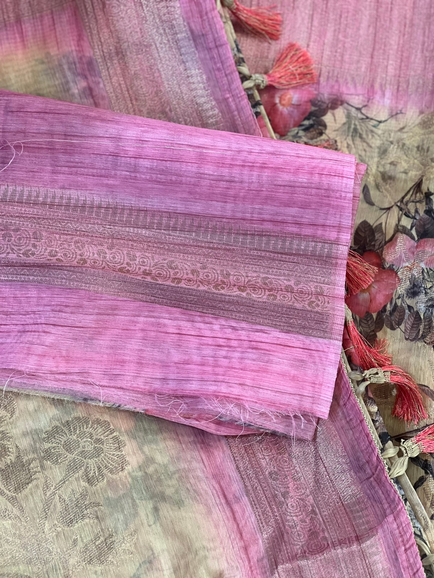 Pink Yellow Floral Organza Tissue Saree