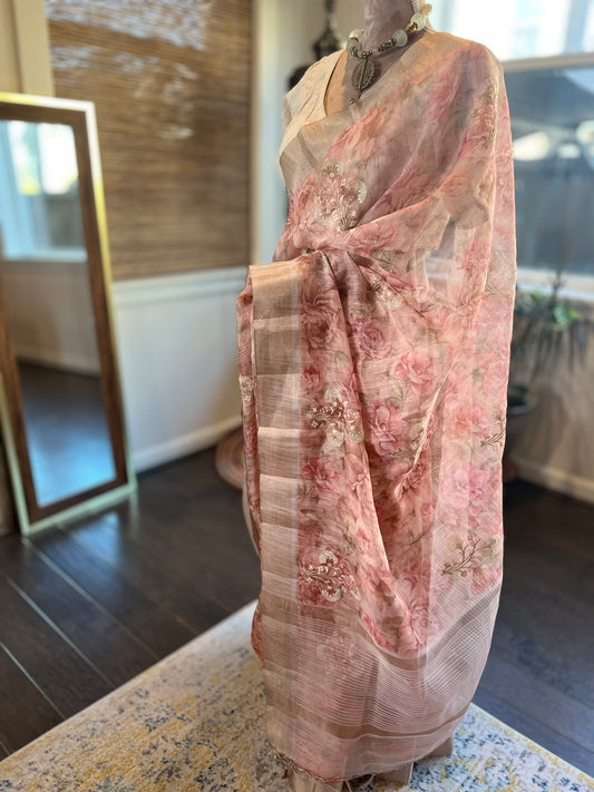 Onion Pink Floral Organza Tissue Saree