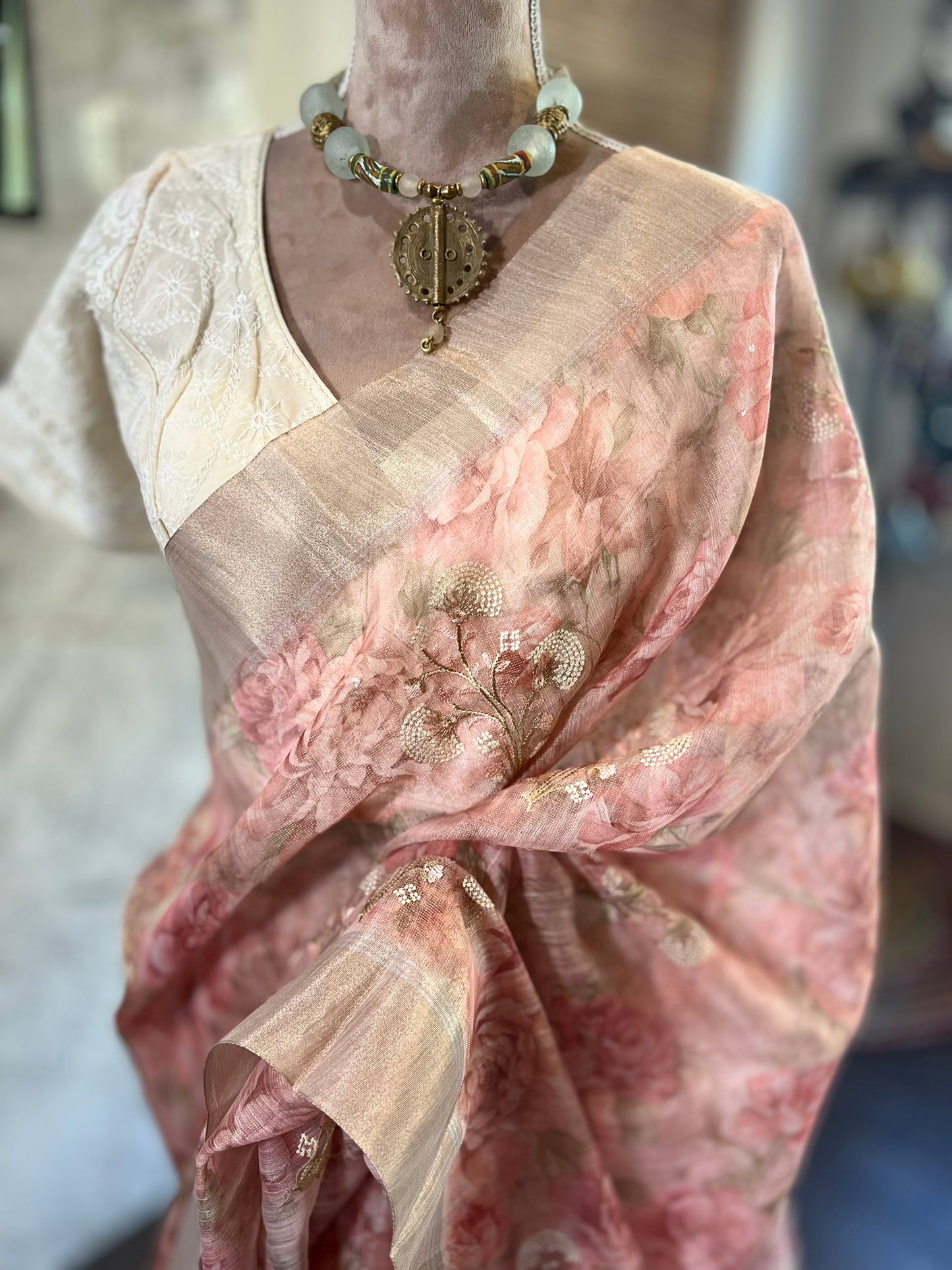 Onion Pink Floral Organza Tissue Saree