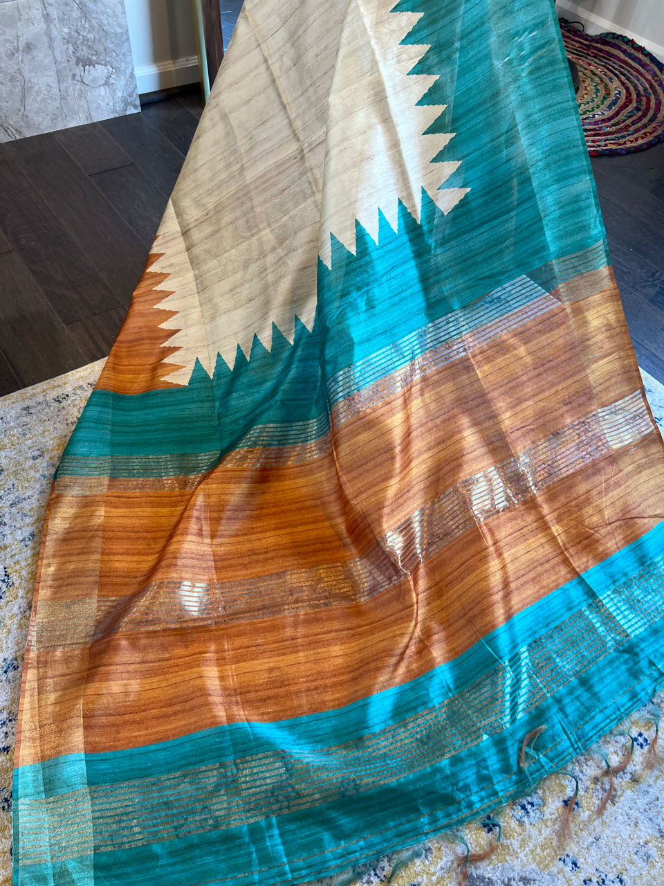 Off White Ganga Jamuna Tussar Silk Saree