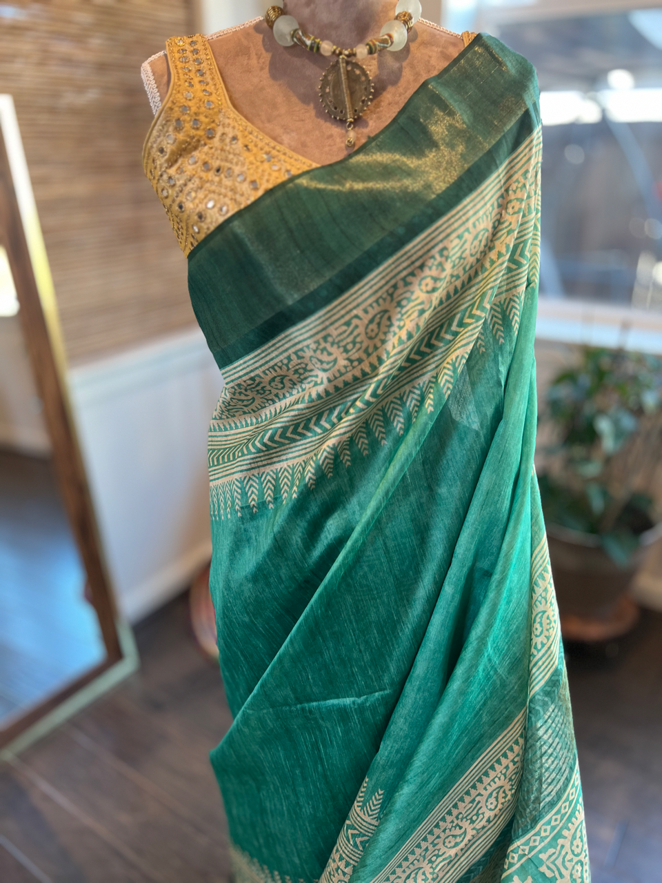 Green Off White Printed Tussar Silk Saree