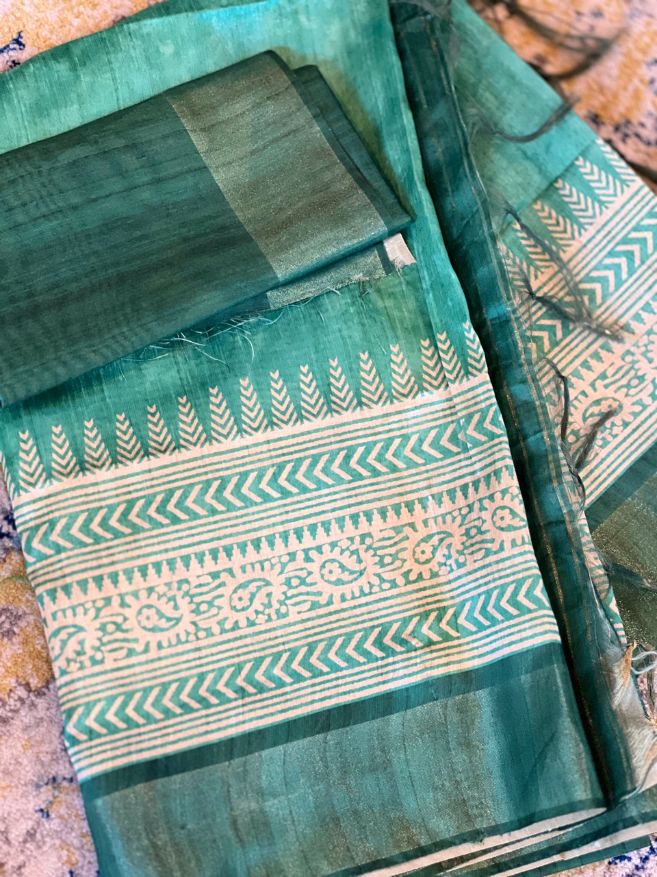 Green Off White Printed Tussar Silk Saree